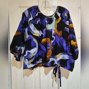 Nine West Black, Purple & Gold Abstract Tie-Hem Blouse